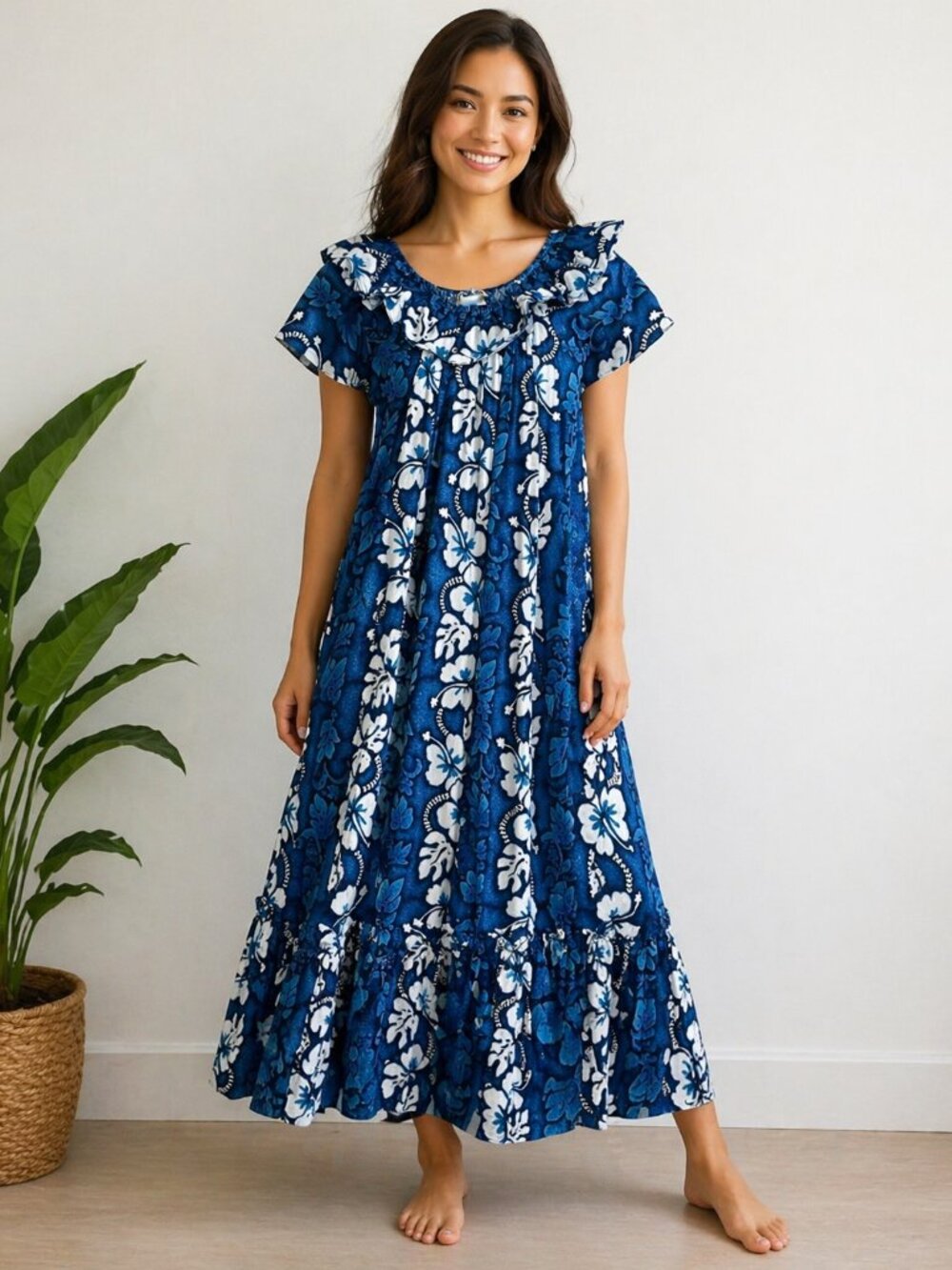 Blue Floral Maxi Dress with Ruffle Yoke